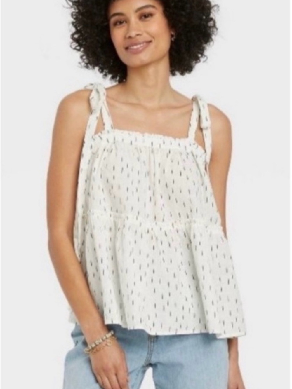 Universal Thread White Tie Shoulder Smocked Yoke Cami Babydoll Top Size M